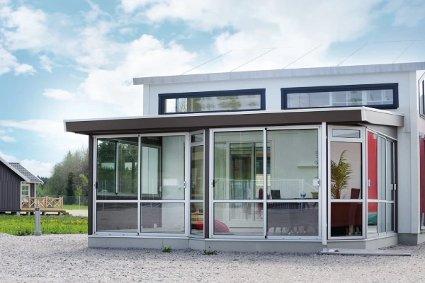 House with glass door and window.