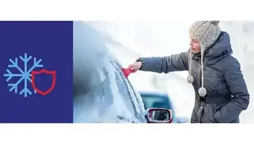 Banner of woman scraping ice off car window.
