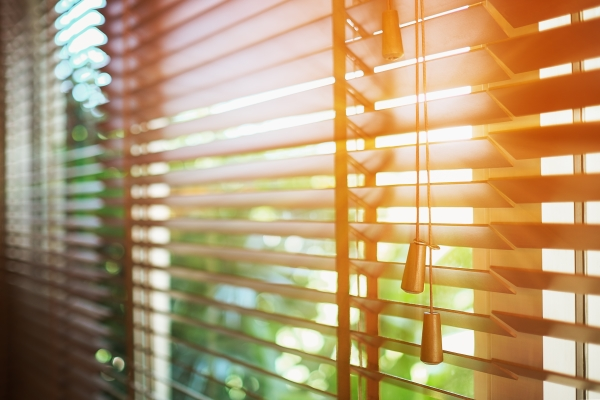 Sun coming through a window with wooden blinds