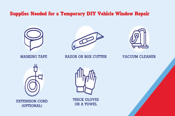 Supplies needed for a temporary DIY vehicle window.