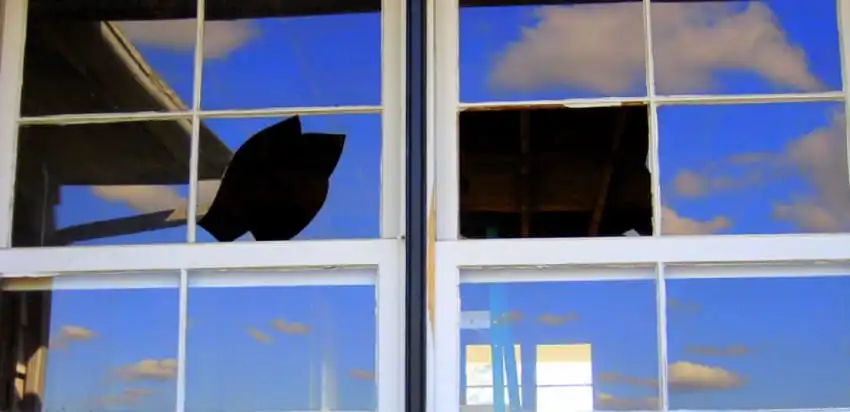 Two windows with a broken window pane in each window